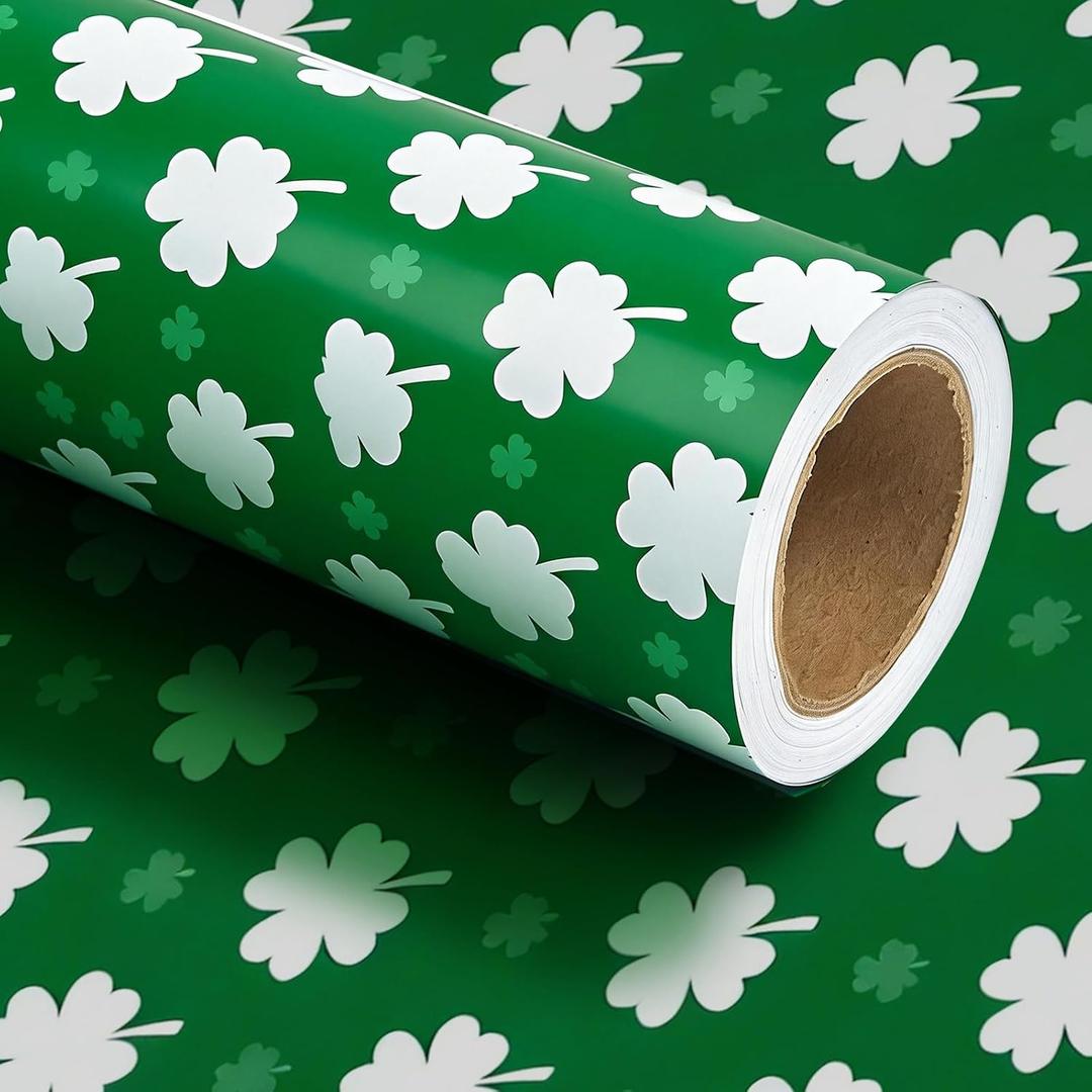 ZRLABL St. Patrick's Day Wrapping Paper Roll, Green and White Clover Pattern, Premium Paper, 30x394 Inches, Reversible Design for Gifts and Celebrations