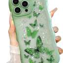 UEEBAI Wave Butterfly Case for iPhone 15 Pro Max Case, Pretty Bling Star Butterfly for Women Cute Shiny Glitter Phone Cover for Girls Bling Clear Cover Curly Shockproof Girly Shell - Green