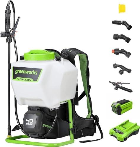 Greenworks 40V Cordless Backpack Sprayer (4 Gallon / 5 Tips / 25 FT Spray) For Weeding, Spraying, and Cleaning, 2.0Ah Battery and Charger Included