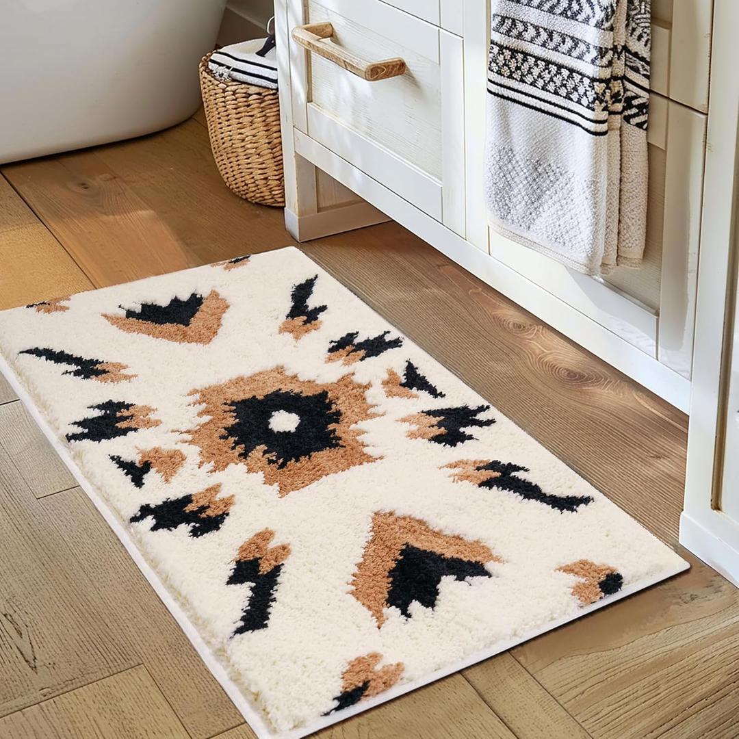 Boho Bathroom Rugs Non Slip Washable Western Aztec Bath Mats Rugs for Bathroom Floor Fluffy Plush Soft Absorbent Farmhouse Carpet for Shower, Kitchen, Entryway, 20x32 inch (1'8" x 2'8" (Rectangular), Cream)