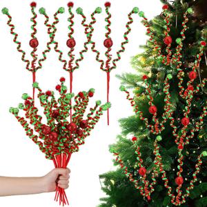 Moucuny 12 Christmas Tree Picks 16 Inch Lime Green and Red Xmas Spiral Curly Stems with Glitter Balls Christmas Tree Topper Whimsical Holiday Decor for Xmas Ornaments Home Wreaths DIY Crafts