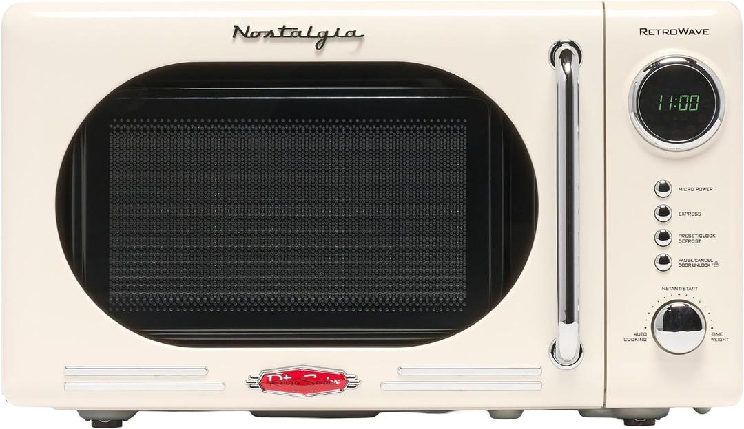 Nostalgia Retro Compact Countertop Microwave Oven - 0.7 Cu. Ft. - 700-Watts with LED Digital Display - Child Lock - Easy Clean Interior - Ivory (Door does not close)