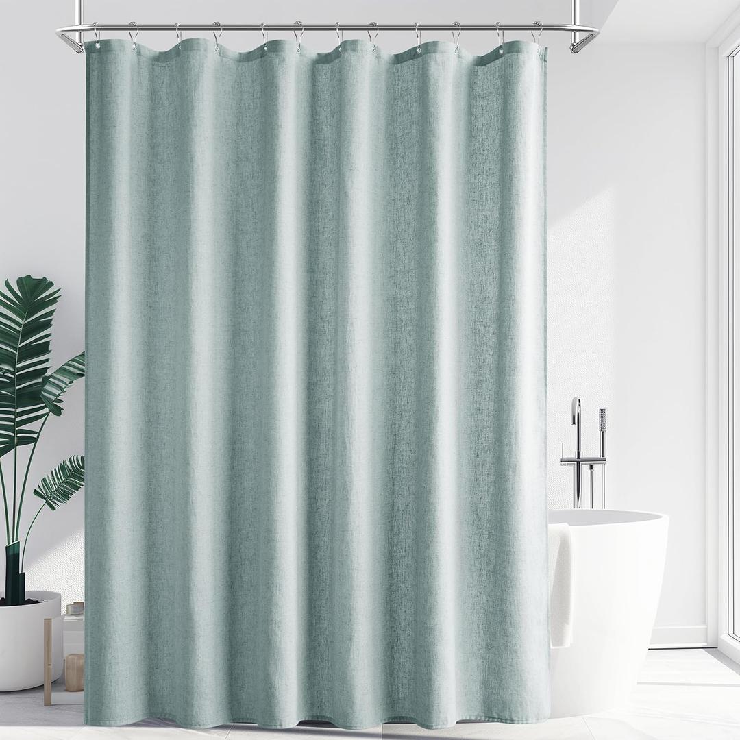 Blue Linen Shower Curtain, Boho Farmhouse Shower Curtain Set for Bathroom, 200GSM Luxury Weighted Water Resistant Fabric Textured Shower Curtains with 12 Metal Hooks, 72Wx72H