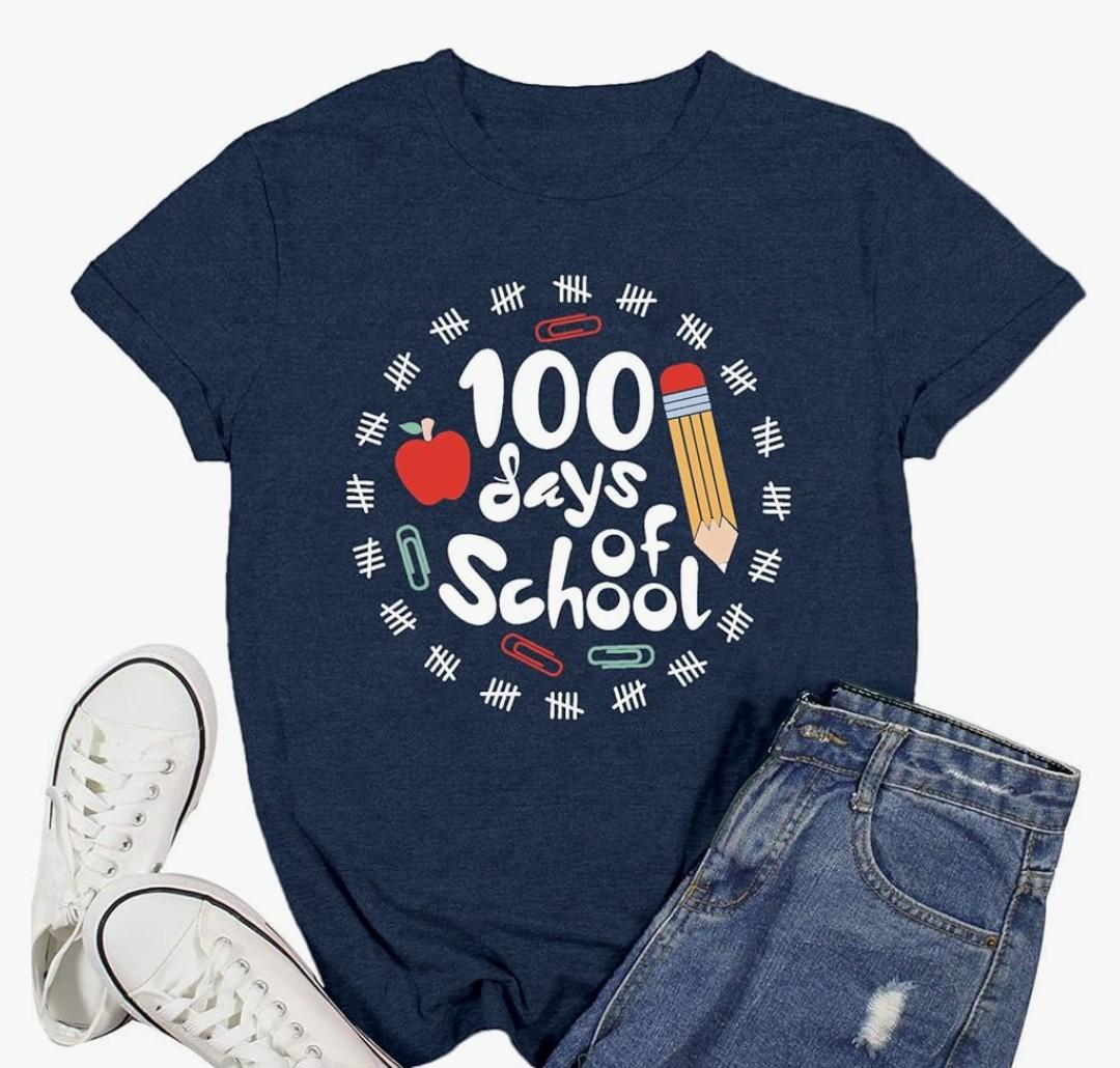 Ascrazy 100 Days of School Shirts for Women Teacher School Days T-Shirt Happy 100th Day Teachers Tee Tops, Size: S