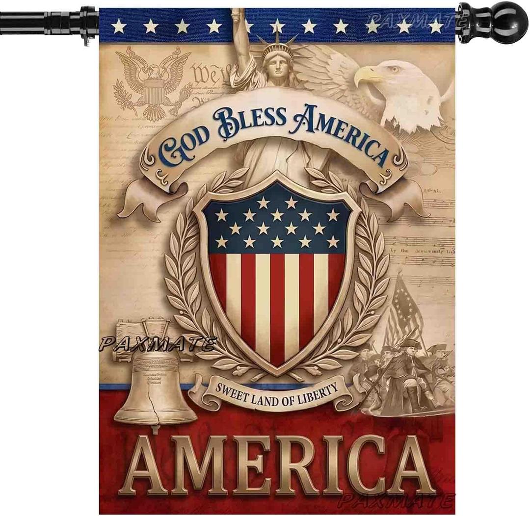 Patriotic House Flag 28x40 Inch Double Sided, God Bless America Burlap Outdoor Yard Flag with American Shield Eagle Liberty Bell, USA 4th of July Independence Day Outside Decor