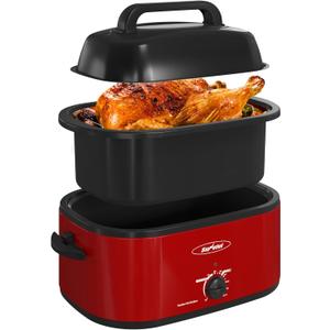 Sunvivi 24 Quart Electric Roaster Oven Turkey Roaster with Lid Electric Roasters with Removable Pan Large Roaster,Visible & Self-basting Lid, Fast Heating & Thaw/warming Setting,Red