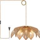 Rattan Plug in Pendant Light with 15FT Hemp Rope Cord Boho Light Fixture Can accommodate 3*E26 Bulbs of Woven Wicker Chandelier for Living Room Bedroom Dinning