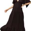 Kikibell Women Summer Dresses Sexy V-Neck Maxi Dress Tiered Silhouette with Flutter Sleeve Backless Elastic Waist Flowy Dress (Small, Brown)