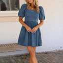 Denim Dress Babydoll Jean Square Neck Puff Sleeve Casual Country Concert Dresses with Pockets for Women 2026 (Blue, L)