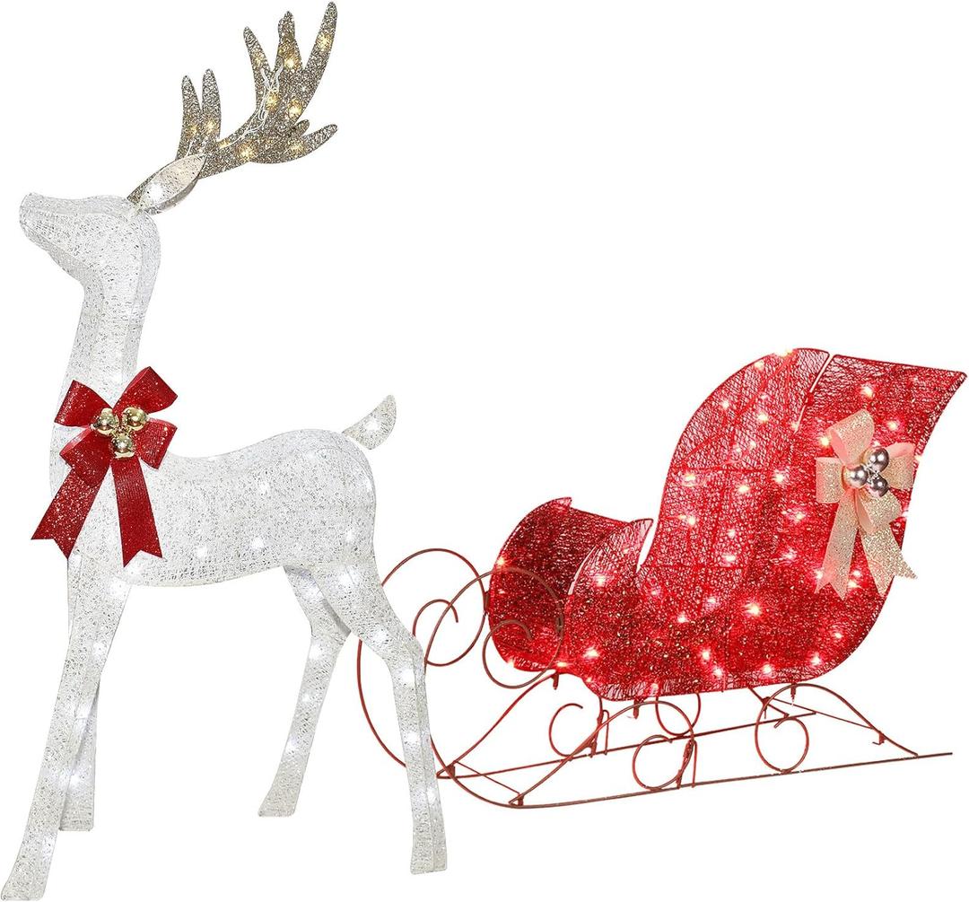 Lighted Christmas Decorations Reindeer & Sleigh 2 Pcs, HOYECHI Light up Christmas Decor Deer Set for Indoor Home Outdoor Front Yard Porch with LED Lights, Plug, Ground Stakes - White