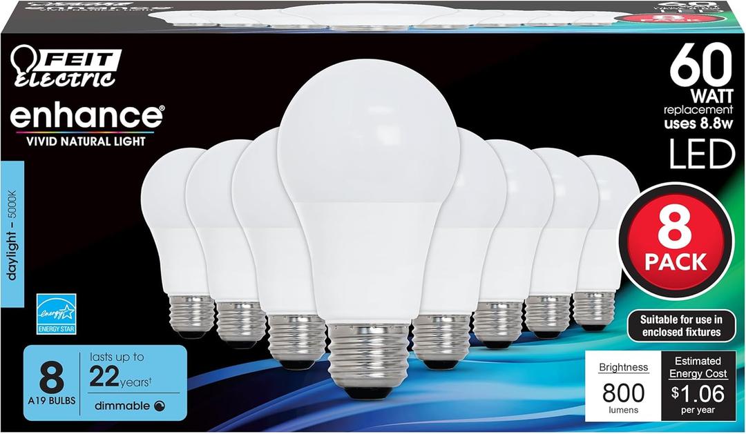 Feit Electric A19 LED Light Bulbs, 60W Equivalent, Dimmable, E26 Standard Base, 90 CRI, 800 Lumens, 5000K Daylight, 120V, 22 Years Lifetime, Damp Rated, 8 Pack, OM60DM/950CA/8