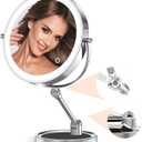 Rocollos Tabletop Makeup Mirror with Built-in Vanity Tray, 9" Rechargeable 4000mAh Lighted Vanity Mirror 1X/10X Magnification, Height-Adjustable Arm, 3 Color Dimmable (9Inch Chrome)