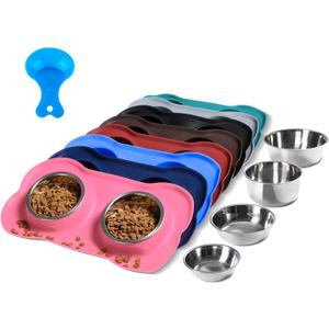 Hubulk Pet Dog Bowls 2 Stainless Steel Dog Bowl with No Spill Non-Skid Silicone Mat + Pet Food Scoop Water and Food Feeder Bowls for Feeding Small Medium Large Dogs Cats Puppies (M, Pink)