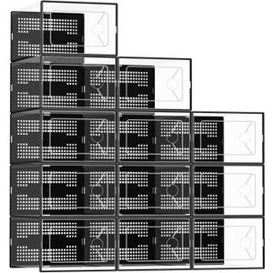 DUMOS Shoe Storage Boxes, 12-Pack Stackable Clear Shoe Containers with Lids, Display Sneaker Case Organizer for Closet, Under Bed, Entryway, Black, Fit Size 11