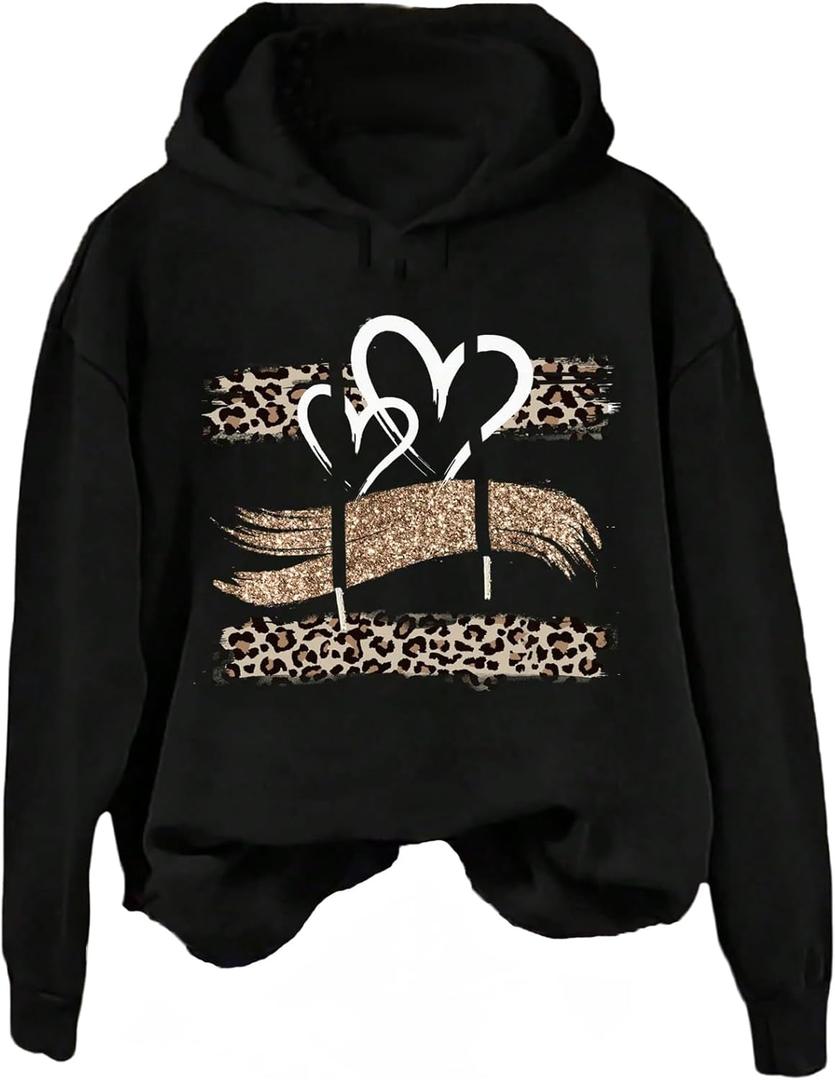 SweatyRocks Women's Cute Hoodies Long Sleeve Leopard Heart Graphic Sweatshirt Pullover Tops Fall Outfits (X-Large, Black)