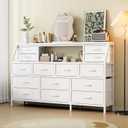 55" W Dresser for Bedroom with 14 Drawers, Chest of Drawers with Open Shelf, Fabric Storage Tower with Metal Frame & Wood Top, TV Stand Organizer for Clothes & Accessories (White PU)