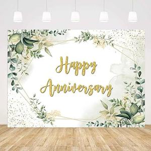 7x5ft Greenery Theme Happy Anniversary Backdrop Green Leaves Gold Glitter Wedding Photography Background for Couples Anniversary Wedding Party Engagement Decorations