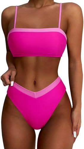 SUUKSESS Women Bandeau High Waited 2 Piece Bikini Set Cheeky High Cut Swimsuit Size S