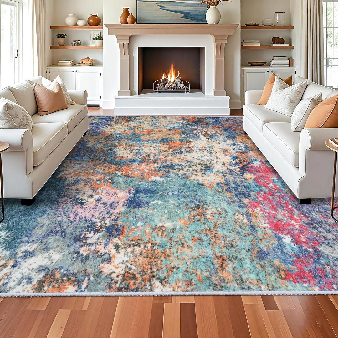 Washable 12x15 Area Rug Abstract - Large Soft Rugs for Living Room Modern Colorful Indoor Mat Non Slip Low Pile Carpet for Bedroom Stain Resistant Thin Floor Mats for Dining Room 12x15 Colorful/Multi