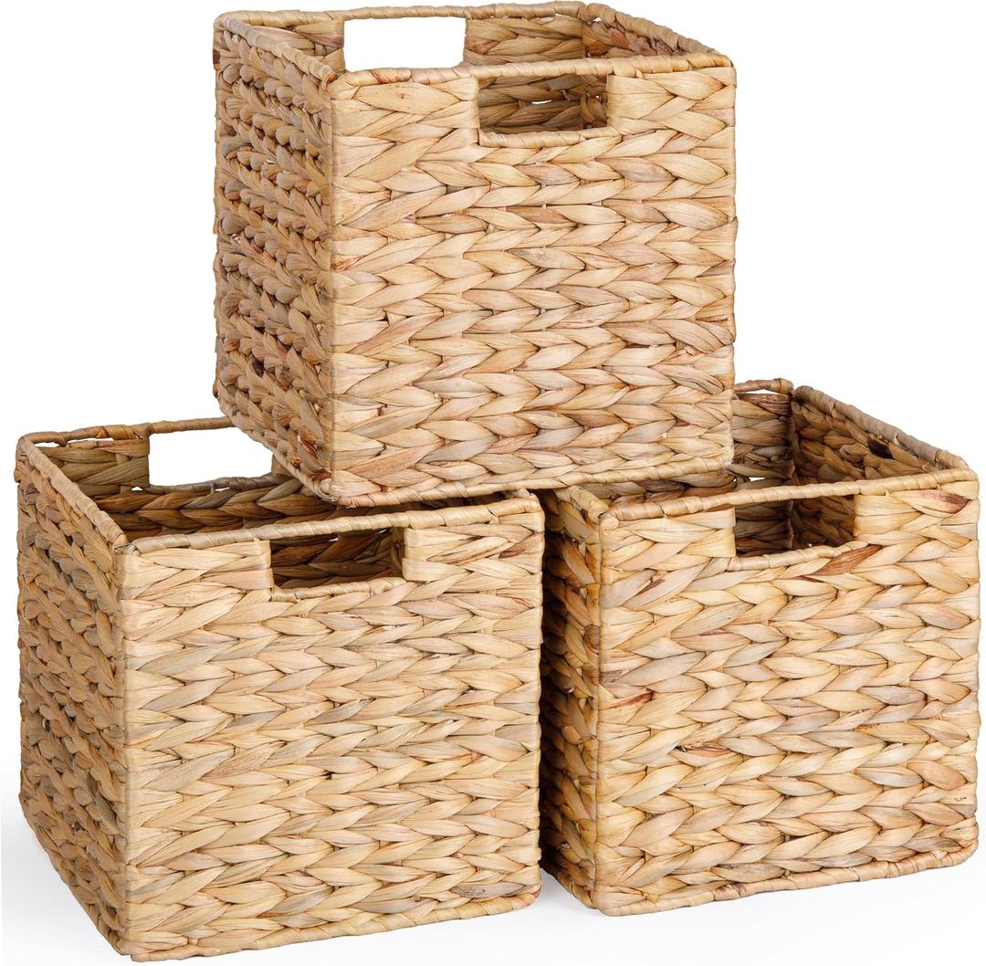 10.5x10.5 Water Hyacinth Storage Baskets, Collapsible Square Wicker Baskets Cube Storage Bins for 11 Inch IKEA Kallax, Set of 3