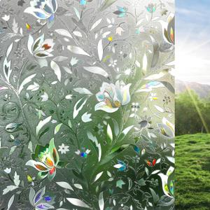 rabbitgoo Window Privacy Film, Decorative Stained Glass Window Film, Sun Blocking Glass Clings, Renter-Friendly Static Cling Frosted Sticker Covering for Home Door, Rainbow Tulip 17.5" x 118.1" (Clear)