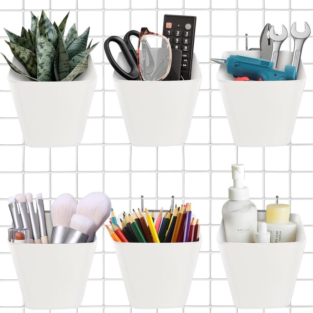 G.CORE Large Grid Wall Bins - 6Pack White Gridwall Accessories Hanging Cups with Back Hooks - Plastic Grid Wall Panels Organizers Wire Shelves Holders for Garage Garden Craft Office Tools Storage