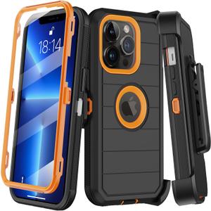 KECAI for iPhone 13 Pro Case with Belt Clip Holster & Kickstand,Built-in Screen Protector,Heavy Duty Shockproof Drop Protection Military Grade Full Body Rugged Phone Cover(Black/Orange)