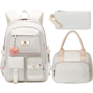 School Backpack for Teen Girls Women College Laptop Backpacks Kids Cute Bookbag Set with Lunch Box Pencil Case Elementary Middle High Campus Bag 3 Pcs Students Bookbags Sets Travel Daypack-Beige