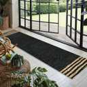 GRUHUM Jute Runner Rug 2'6"x 8' ft Natural Fiber Black Rectangular Jute Area Rug Leather Handwoven Boho Farmhouse Braided Rustic Vintage Eco Friendly Rug Kitchen Livingroom Bedroom Hallways Enterways