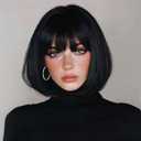 Black Bob Wig With Bangs Short Straight Black Wigs for Women Natural Looking Synthetic Wigs for Daily Cosplay Costume Wig (Black,12 Inch)