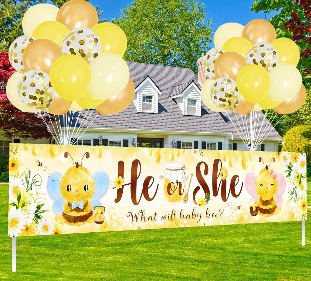 Bee Themed Gender Reveal Decorations What Will Baby Bee Sign Banner Gender Reveal Party Decorations He or She Hanging Banner with Balloons Honeycomb Boy Or Girl Backdrop Supplies Baby Shower Decor