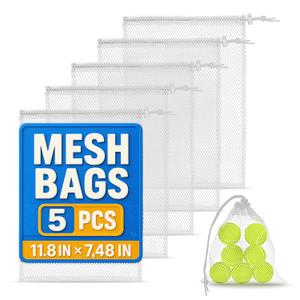 5 PCs Mesh Laundry Bags Drawstring  Small Mesh Bag White 11.8 x 7.48"  Multipurpose Nylon Net Bags with Tight Closure for Storing Balls, Clothes, Sports Gear at Gym, Beach, Laundry, & Travel Use