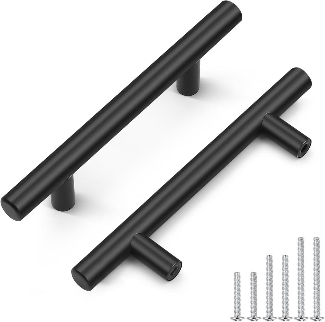 Probrico 30 Pack Holes Spacing(90mm) 3.5inch Flat Black Kitchen Cabinet Handles, Stainless Steel Dresser Drawer Pulls,6inch Length Euro T Bar Pull Handle for Closet (Hole Center: 90mm(3.5inch))