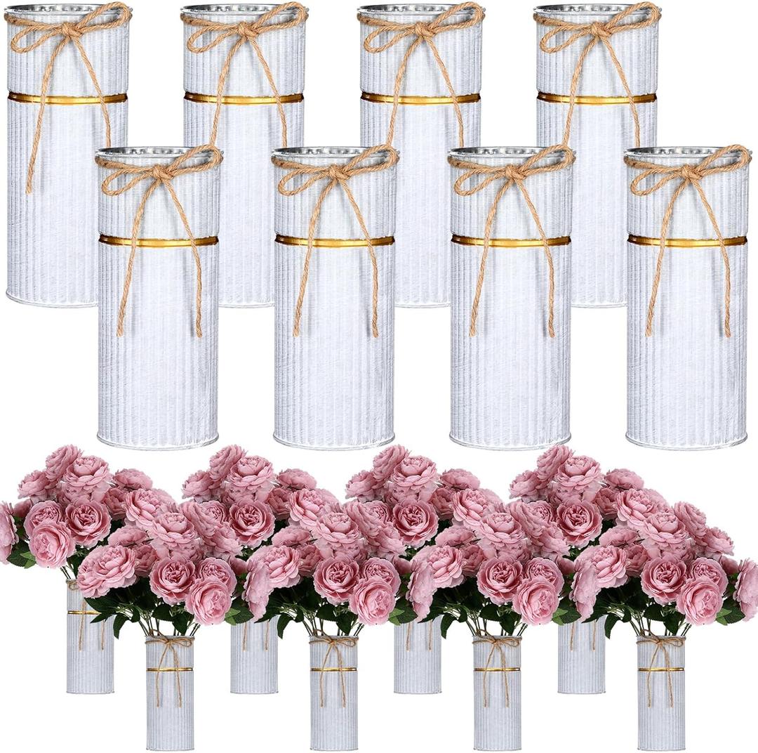 Mimorou 8 Pcs 7.48 Inch Wedding Vases for Centerpieces Mason Jars with Twine Bow Galvanized Metal Flower Vase Rustic Vintage Farmhouse Tin Bucket for Wedding Home Table (Retro White)