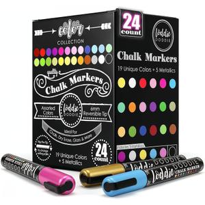 Loddie Doddie Chalk Markers - Pack of 24, 6mm Reversible Tips - Liquid Chalk Pens for Glass Surfaces & Windows - Erasable Pens for Chalkboard Calendar - Non-Toxic Chalkboard Markers