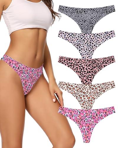 voenxe Seamless Thongs for Women No Show Thong Underwear Women 5-10 Pack (G-5 Pack Leopard Print, Small)