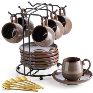 LYEOBOH 3 Ounce Espresso Cups and Saucers Set of 6, Ceramic Small Coffee Cups with Metal Holder and Spoons, Cute Demitasse Cups for Tea, Espresso, Latte, Cafe Mocha, Brown
