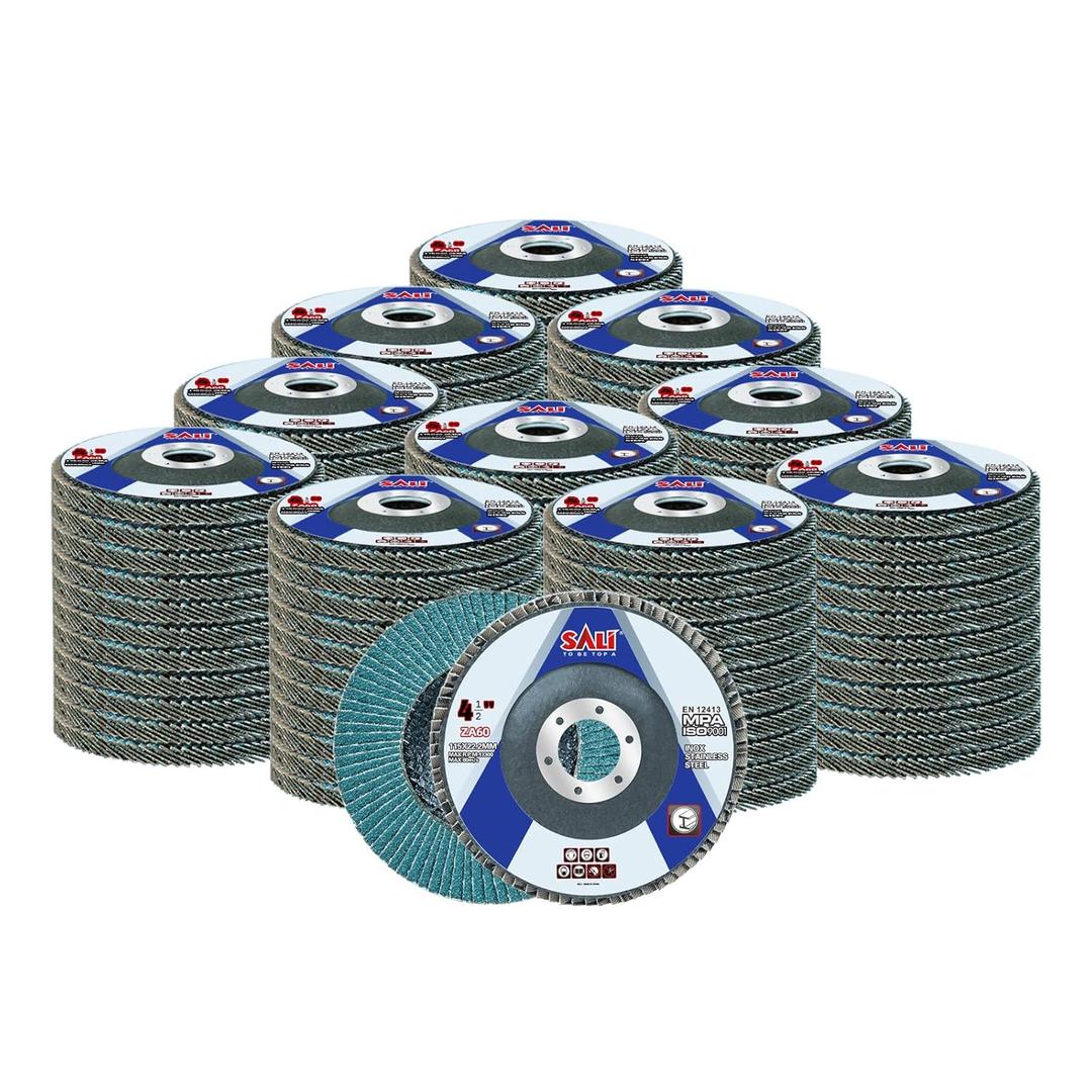 Sali 100 Pack Zirconia Flap Disc 60 Grit 4.5" x 7/8-Inch Sanding Disc Bevel Type #29 Premium and Industrial Grade Angle Grinder Grinding Wheel High Performance Edge Grinding