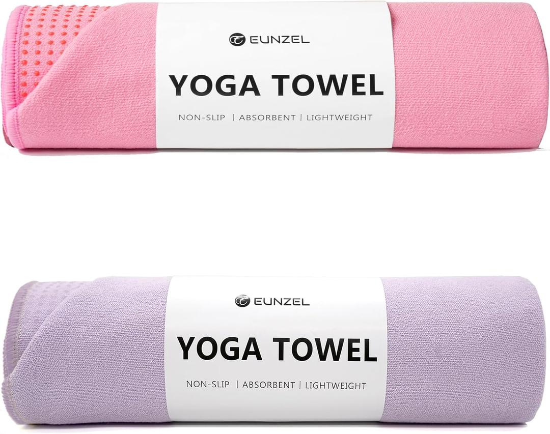 Eunzel 2 Pack Hot Yoga Towel with Grip Dot, Non Slip Yoga Mat Towe Sweat Absorbent Towel for Hot Yoga,Bikram, Pilates and Fitness 72" x 24", Taro Purple/Pink