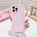 NITITOP Compatible with iPhone 12 Pro Max Case Cute Clear Curly Wavy Frame Shape Aesthetic Checkerboard Checkered Pattern for Women Girls Shockproof Soft TPU 2 in 1 Protective Phone Cover - Pink