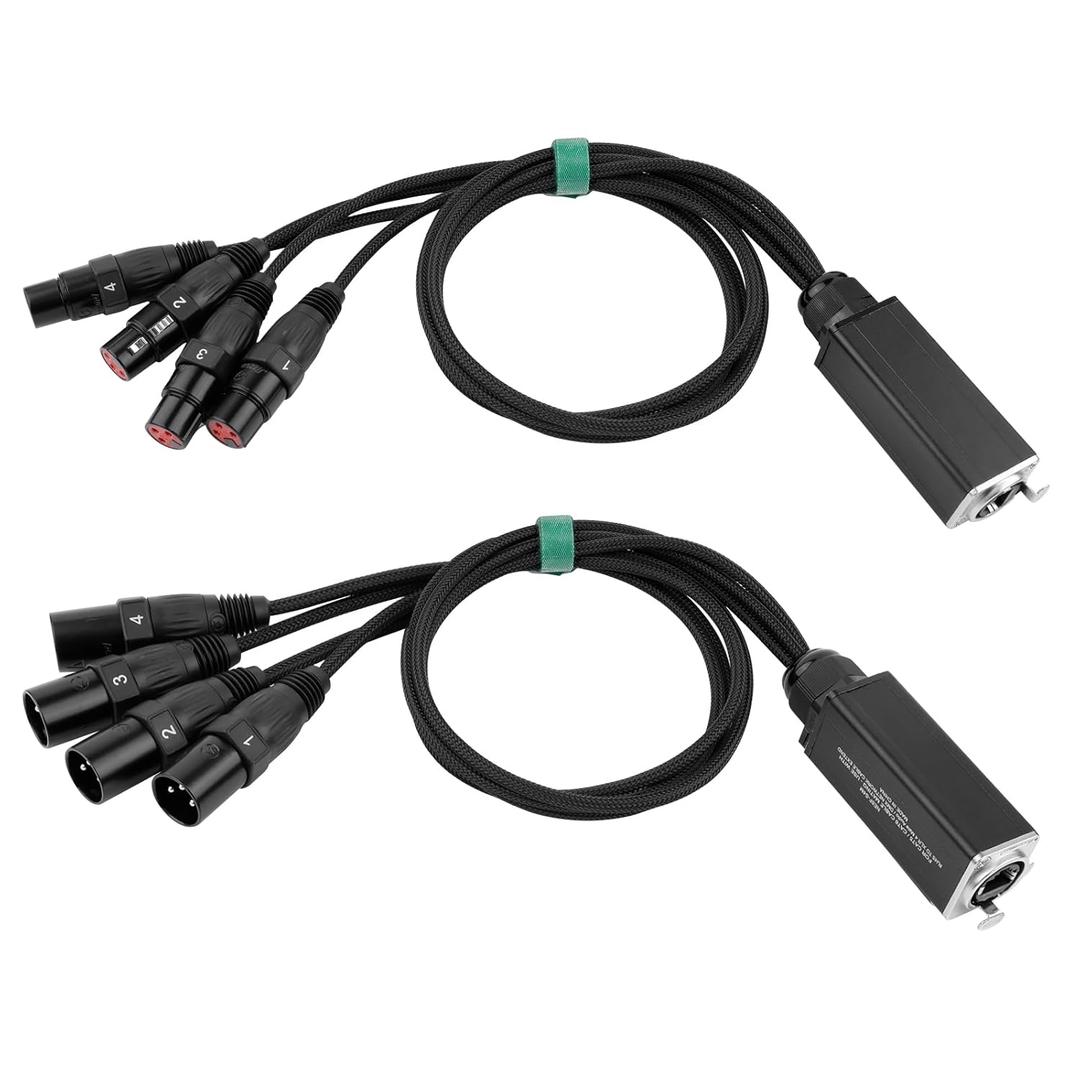 4 Channel Snake Audio Cable Breakout Extender XLR to Ethercon RJ45 CAT5/CAT6 for Live Stage Sound Lighting Recording (Pair with 2Ft Cables)