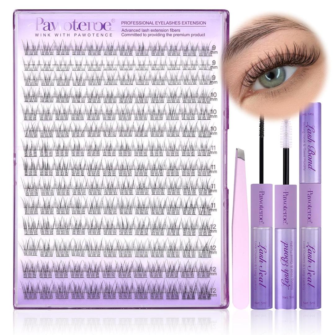 Pawotence Lash Extension Kit Wispy Lash Clusters Kit 9-12mm Natural Individual Lashes Kit 168pcs Cluster Eyelash Extension Kit with Lash Bond and Seal, Lash Applicator for Self Use