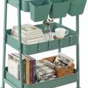 Danpinera 3-Tier Rolling Cart, Utility Cart Mobile Metal Rolling Storage Cart with Lockable Wheels & Hanging Cups & Hooks for Kitchen, Bathroom, Office, Workshop, Green