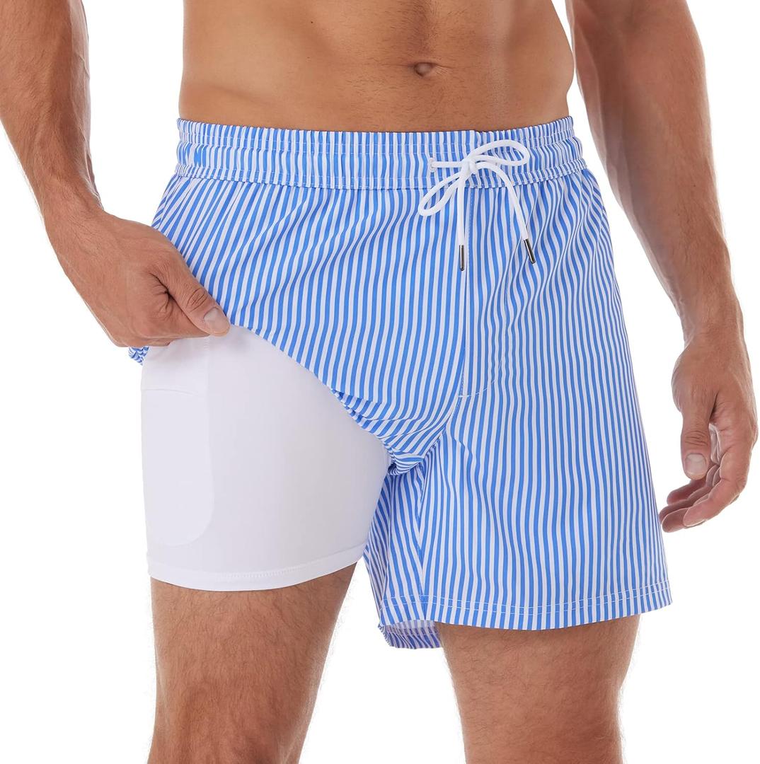 BRISIRA Mens Swim Trunks Swim Shorts Quick Dry 5 inch Inseam Beach Shorts with Compression Liner and Zipper Pocket (34, Stripeblue&white)
