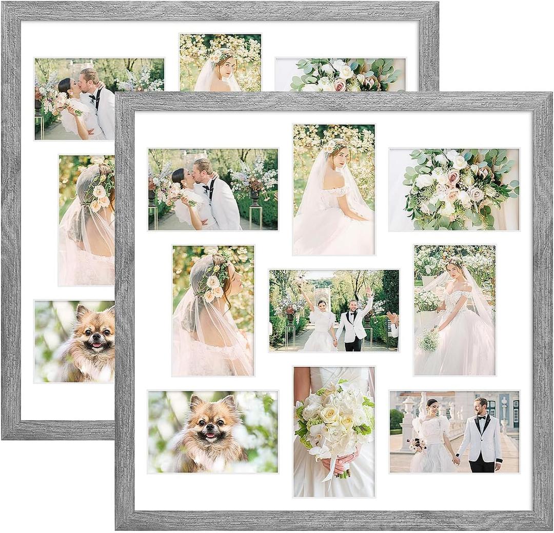 17x17 Collage frame with 9 Openings 4X6 Pictures, Multiple Picture Frame with Mat, Wall or Tabletop Decor, Grey Wood Grain,2 Pack