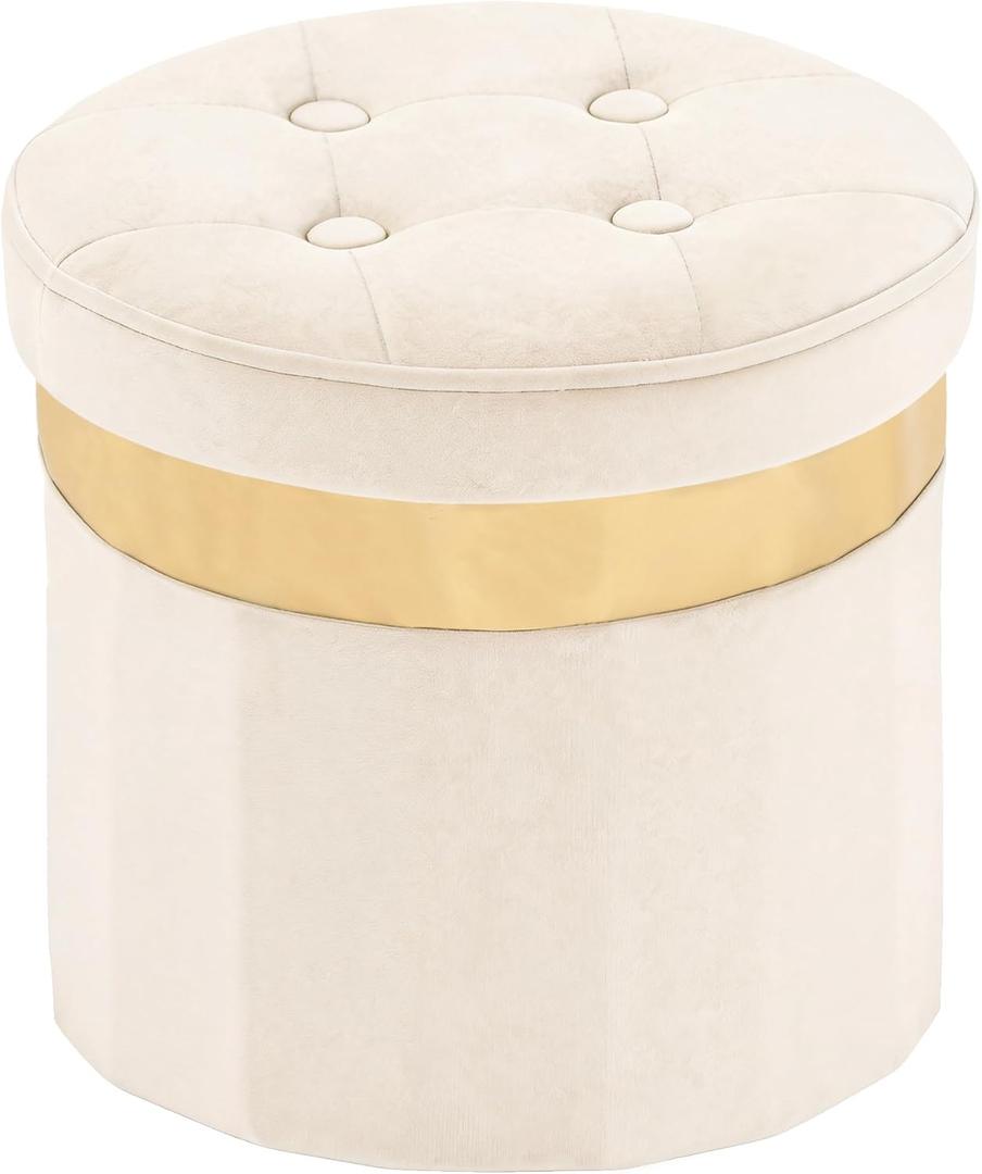 Small Ottoman with Storage,Folding Round Ottoman with Gold Trim,Velvet Storage Stool,Foot Stool with Soft Padded,Foot Rest for Living Room13x13x12.4(Beige,1pcs)