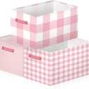 Boao 3 Pack Pink Checkered Storage Bins, Large Collapsible Canvas Baskets with Handles, Empty Decorative Holiday Gift Baskets for Christmas Home Organization, Bedroom, Closet, Shelves, Nursery Decor