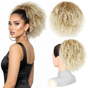 Leeons Afro Kinky Curly Drawstring Ponytail for Black Women, 10 Inch Short Ponytail Extension with 4 Secure Combs, Platinum Blonde Highlights for Party Styles (T27/613#)​