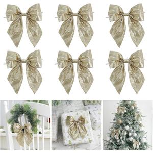 AIMUDI Champagne Glitter Wired Ribbon Bows with Twist Tie 5.5" Premade Metallic Christmas Bows for Gift Wrapping, Wreath, Garland, Holiday Crafts Party Home Outdoor Christmas Tree Decorations, 12 PCs