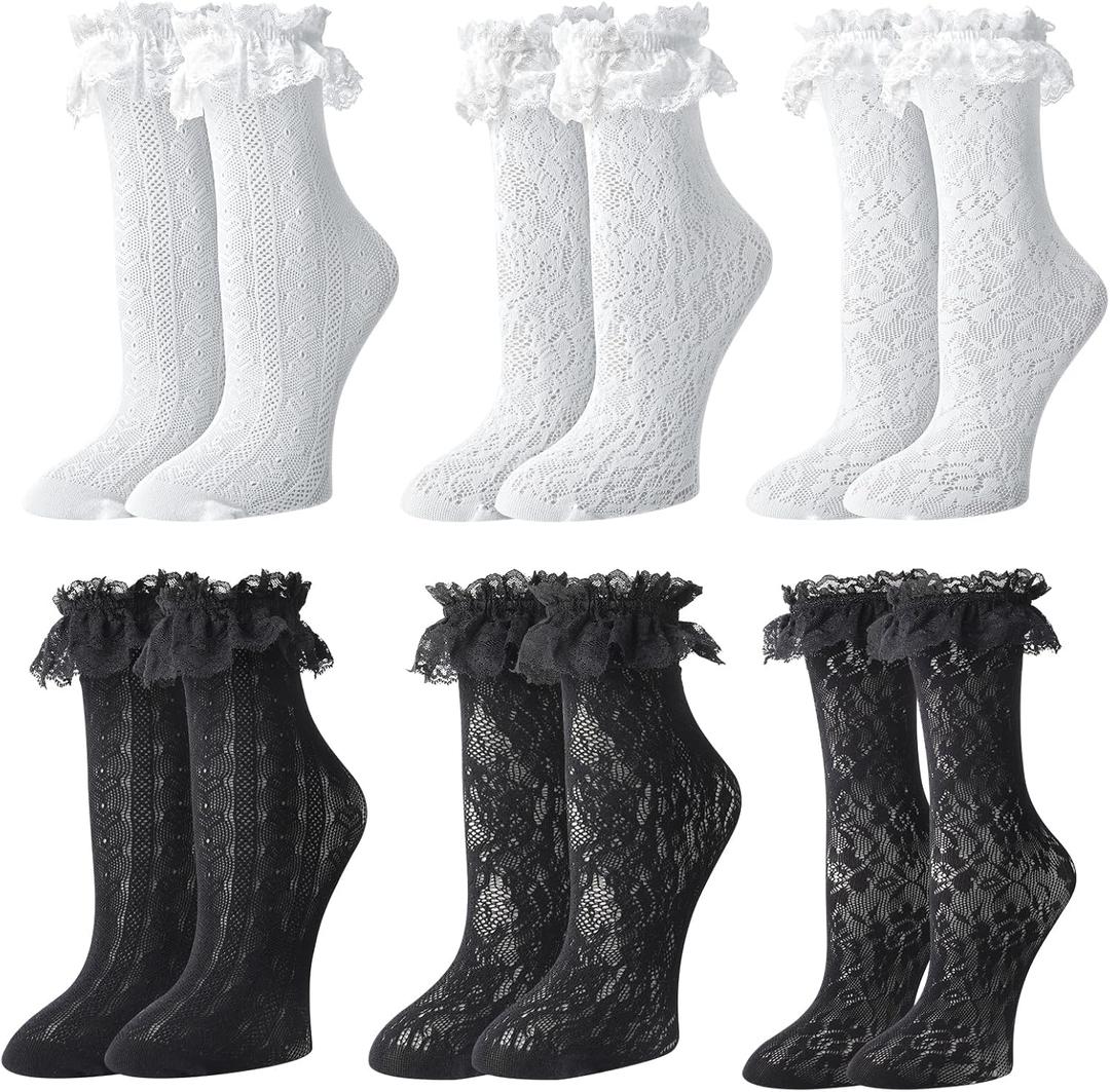 6 Pairs Lace Ruffle Ankle Socks for Women Lolita Frilly Ankle Elastic Cuff Mesh Lace Trim Dress Sock, One Size